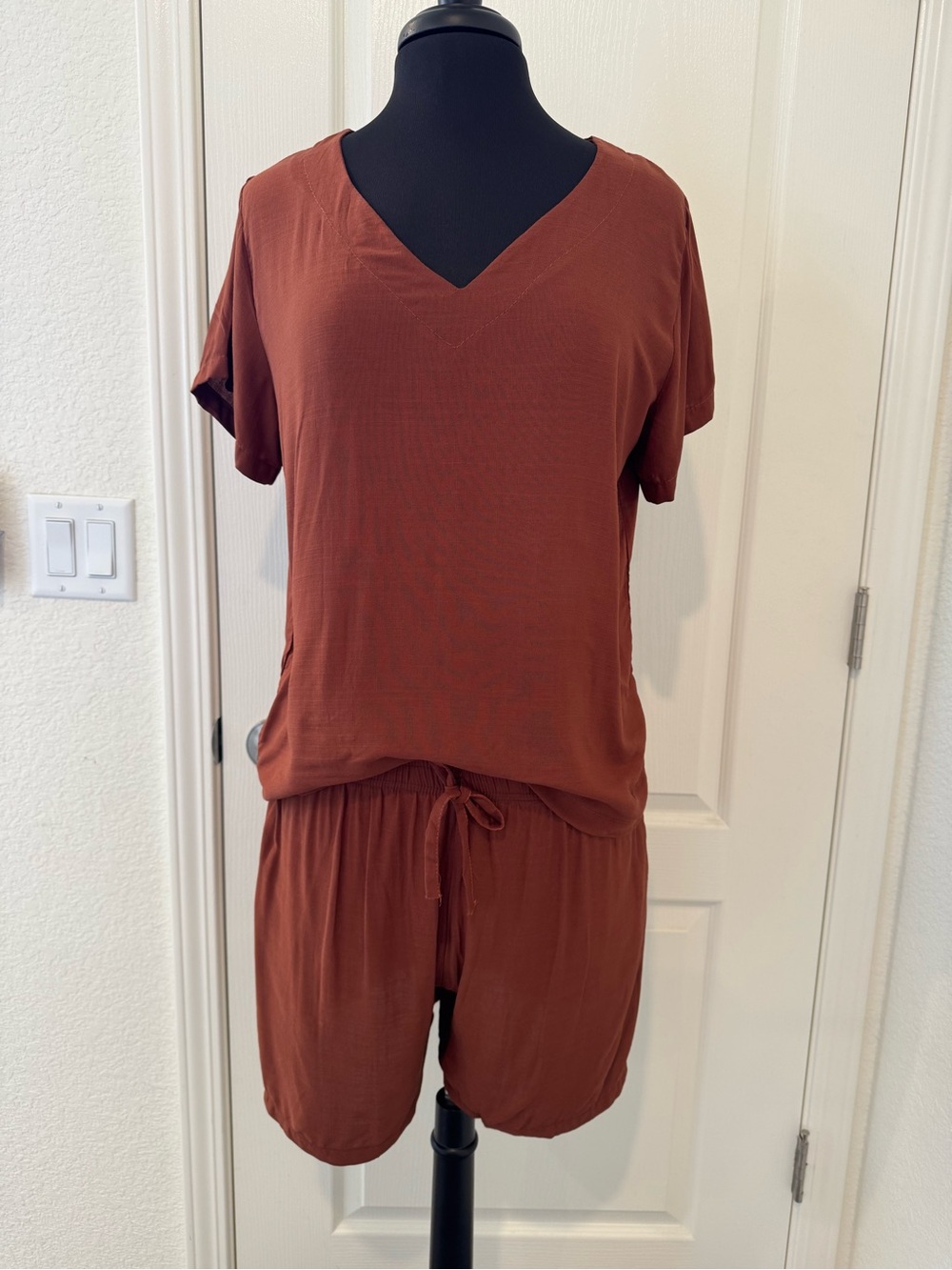 Rust V-Neck Top and Drawstring Shorts Set